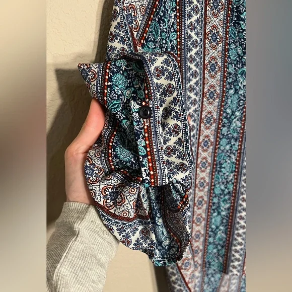 Pink Rose | Blue Red Paisley Geometric Floral Pattern Design Women Top Blouse - Picture 4 of 6